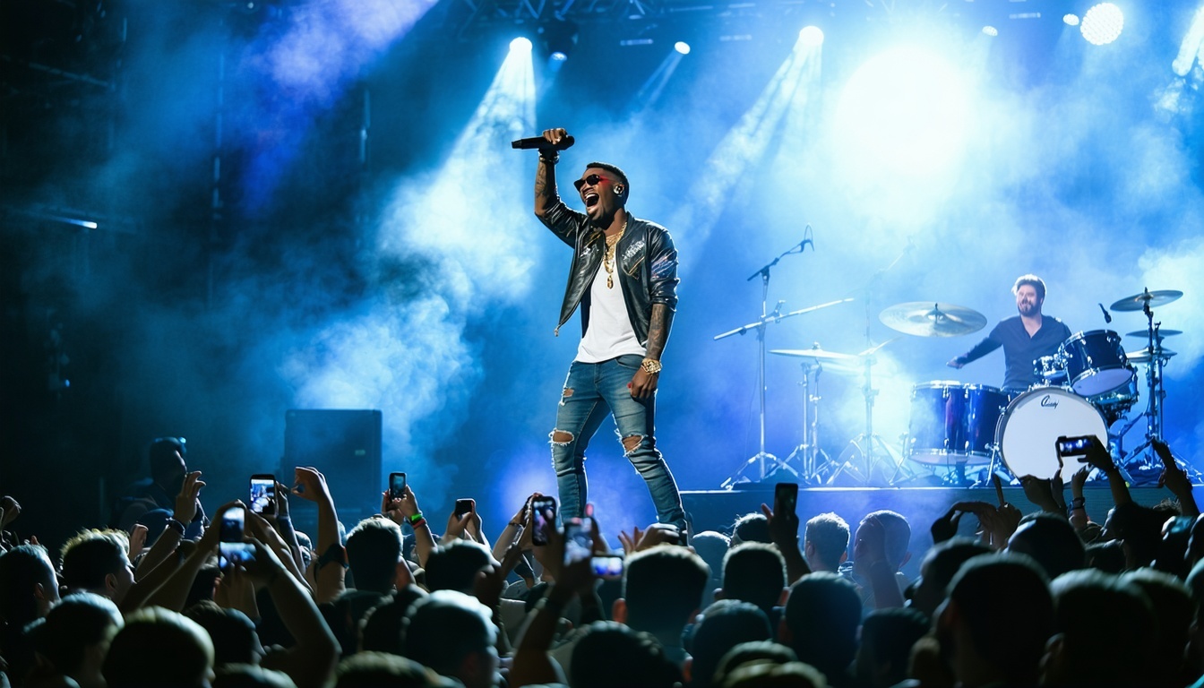 An artist passionately performing on stage, surrou