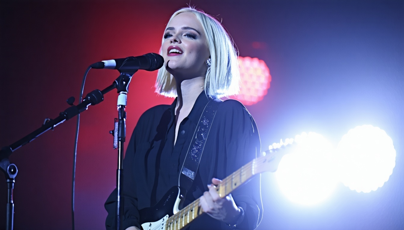 Phoebe Bridgers performing on stage, her face illu